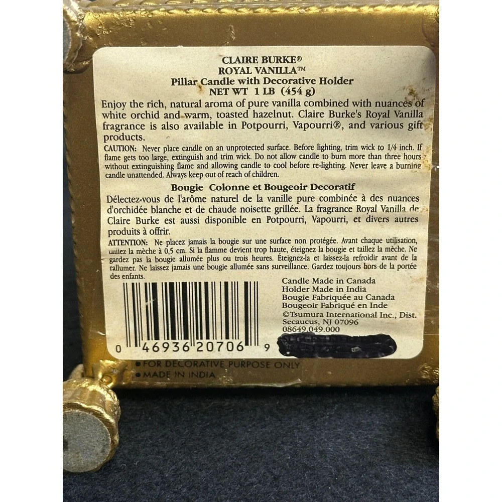 Claire Burke Royal Vanilla Pillar Candle with Gold Tassel Decorative Holder